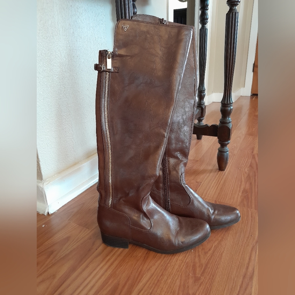 Guess Havva Tall Riding Boot - Brown Multi - Gold Zippers - Size 8